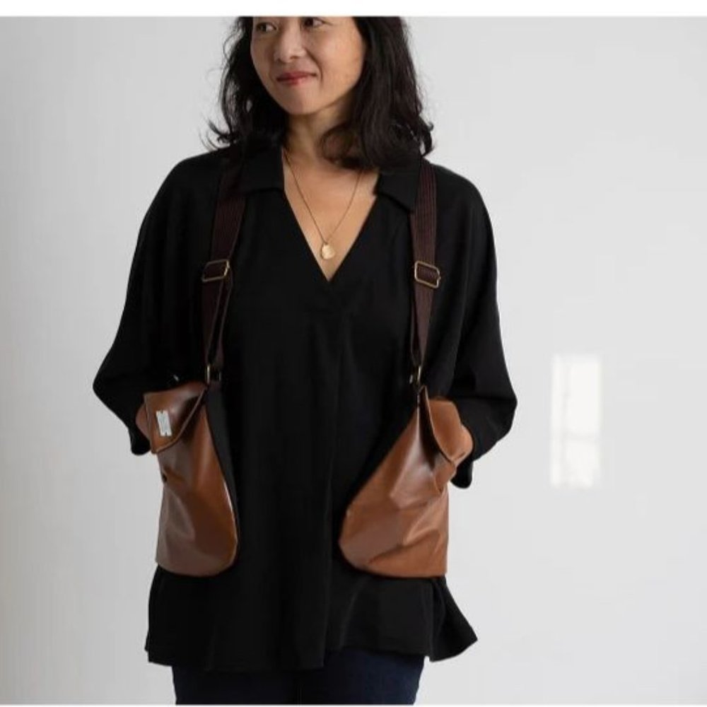 HAGIT ABIR VEGAN LEATHER BACKPACK UNISEX VEST ADJUSTABLE STRAPS CARMEL BROWN